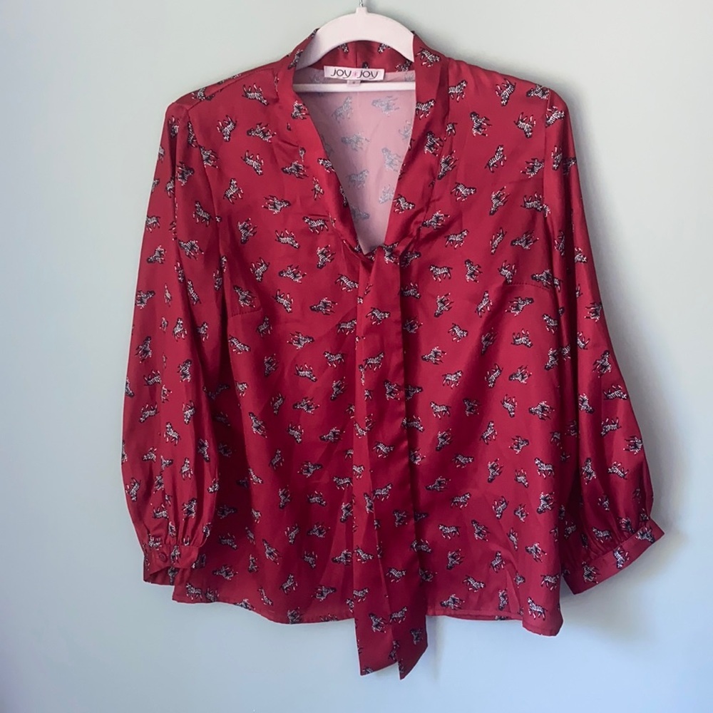 Joy joy red zebra tie button blouse